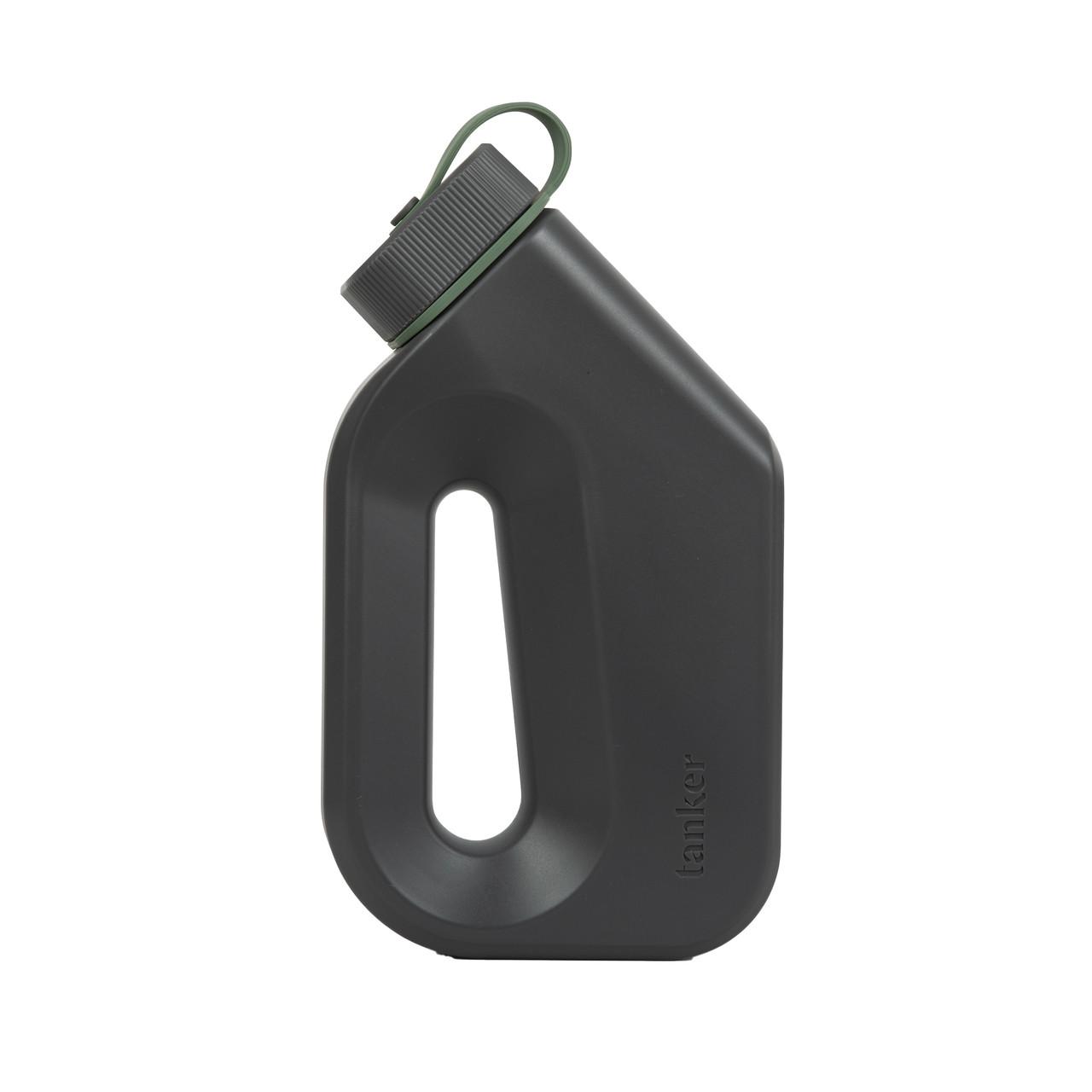 Cement gray portable urinal with oval outlet and green carry loop