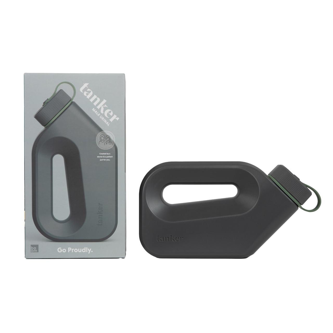 Cement gray portable urinal with green strap, shown with retail box