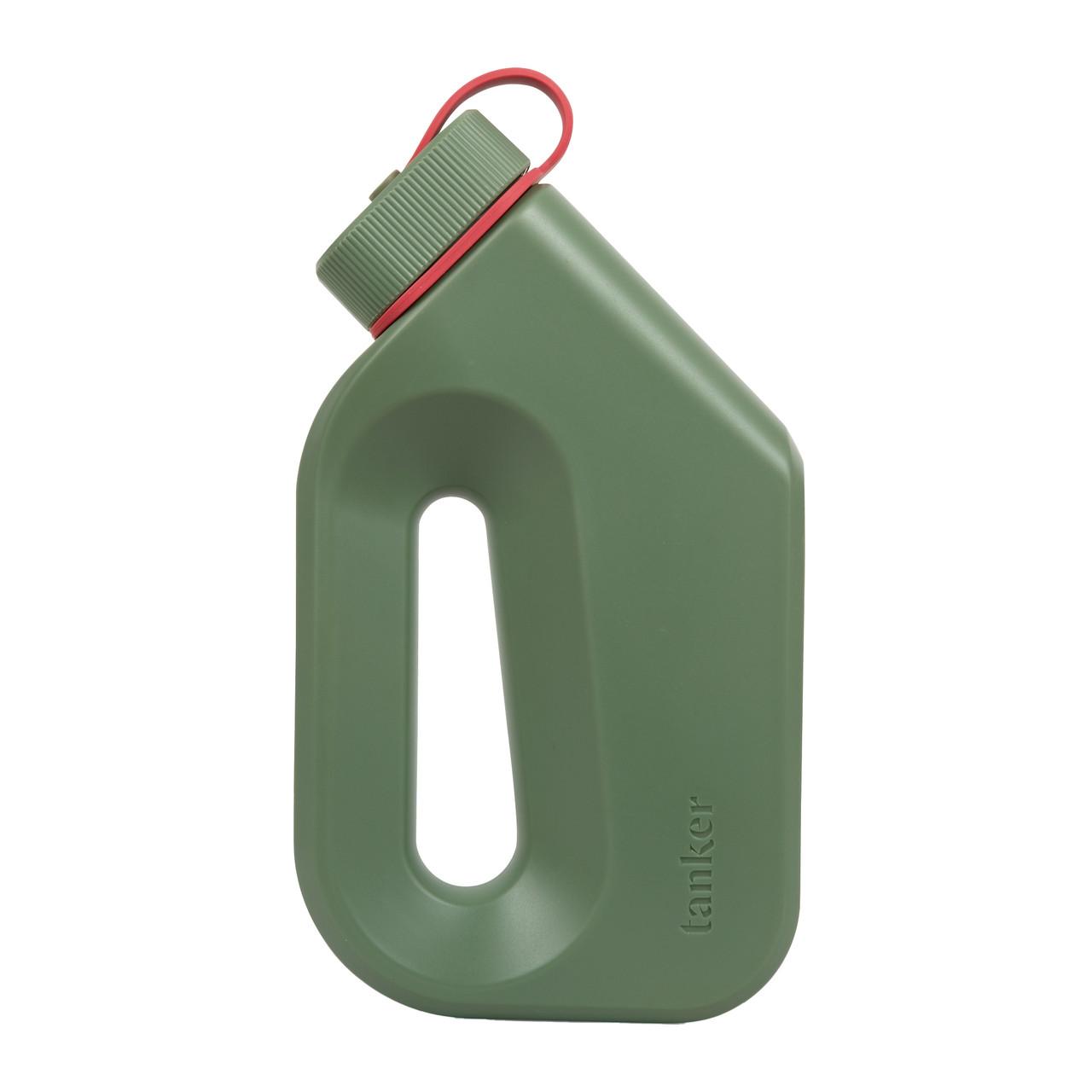 Khaki green portable urinal with red-edged carry strap and vertical outlet opening