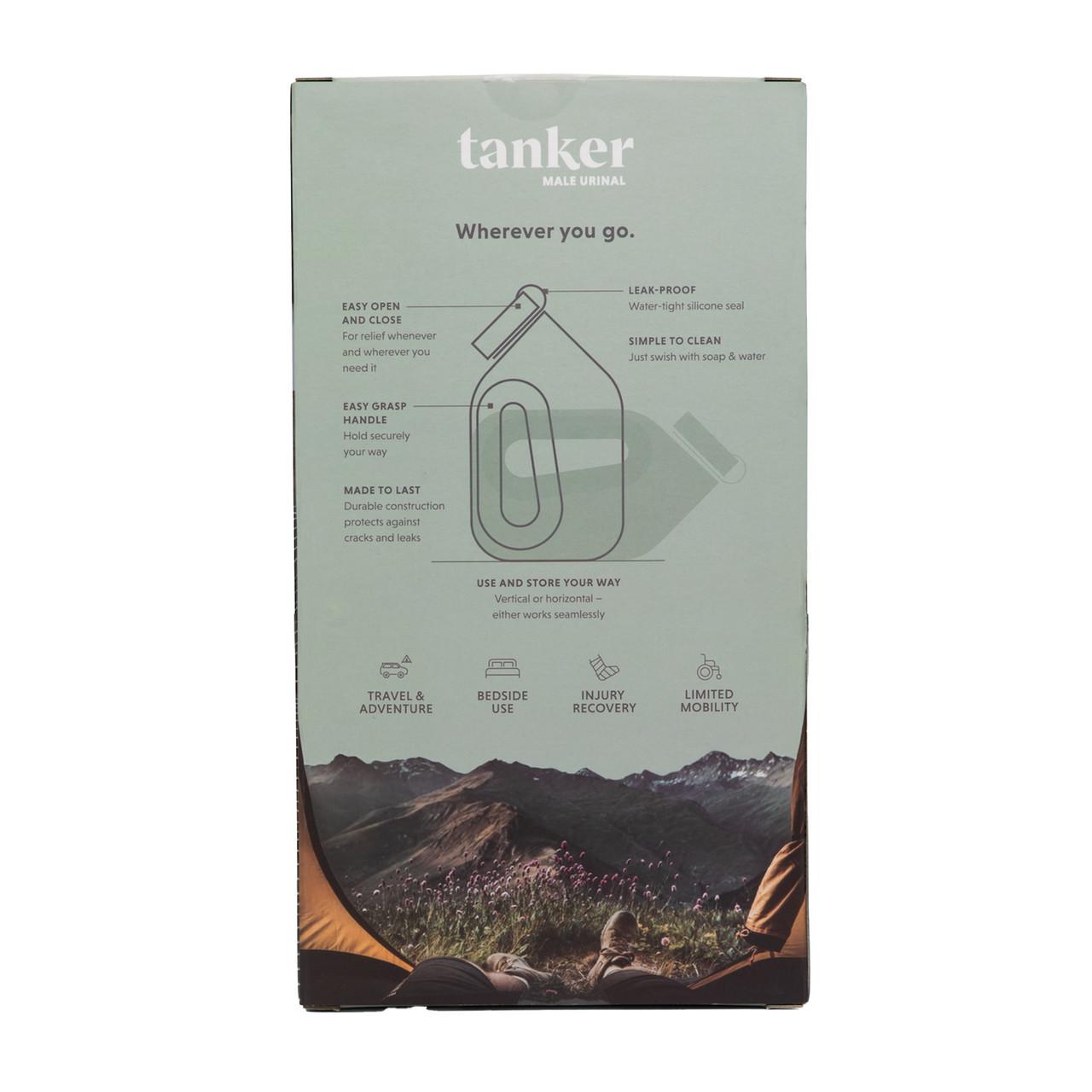 Portable urinal product box back panel with feature icons and usage info
