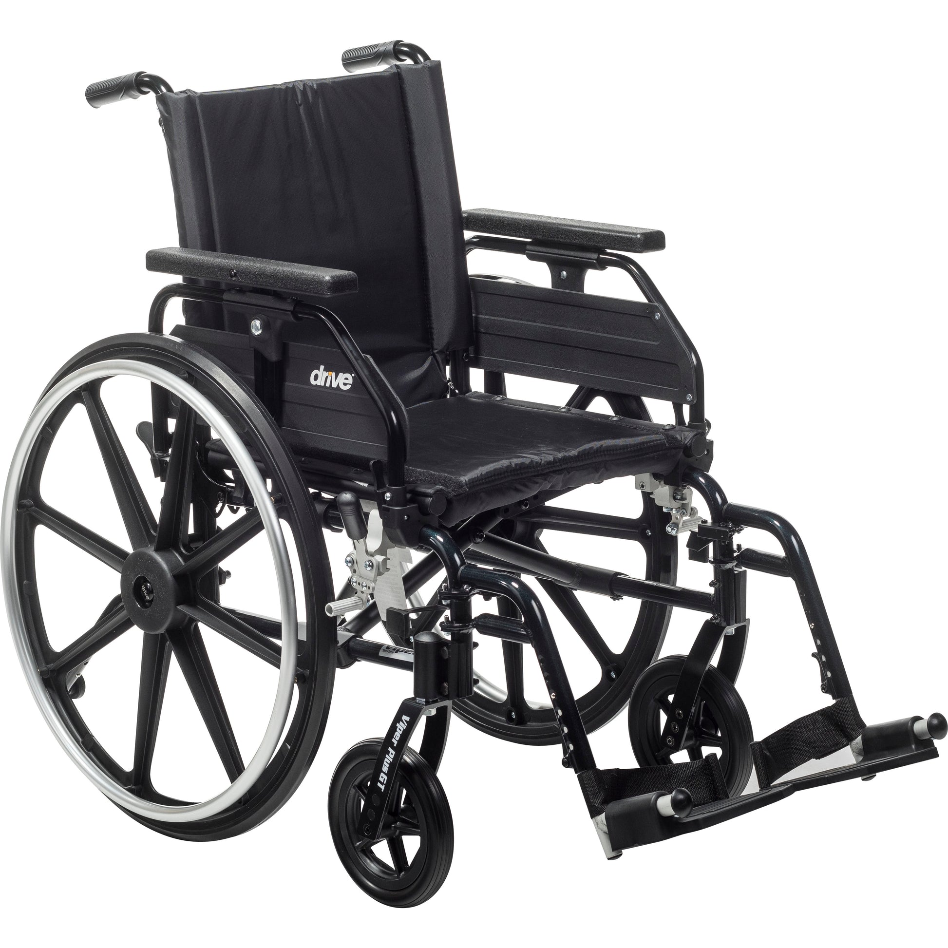 Black wheelchair with padded backrest and seat, universal armrests, swing-away footrests