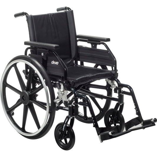 Black wheelchair, 22-in seat with universal armrests and swing-away footrests