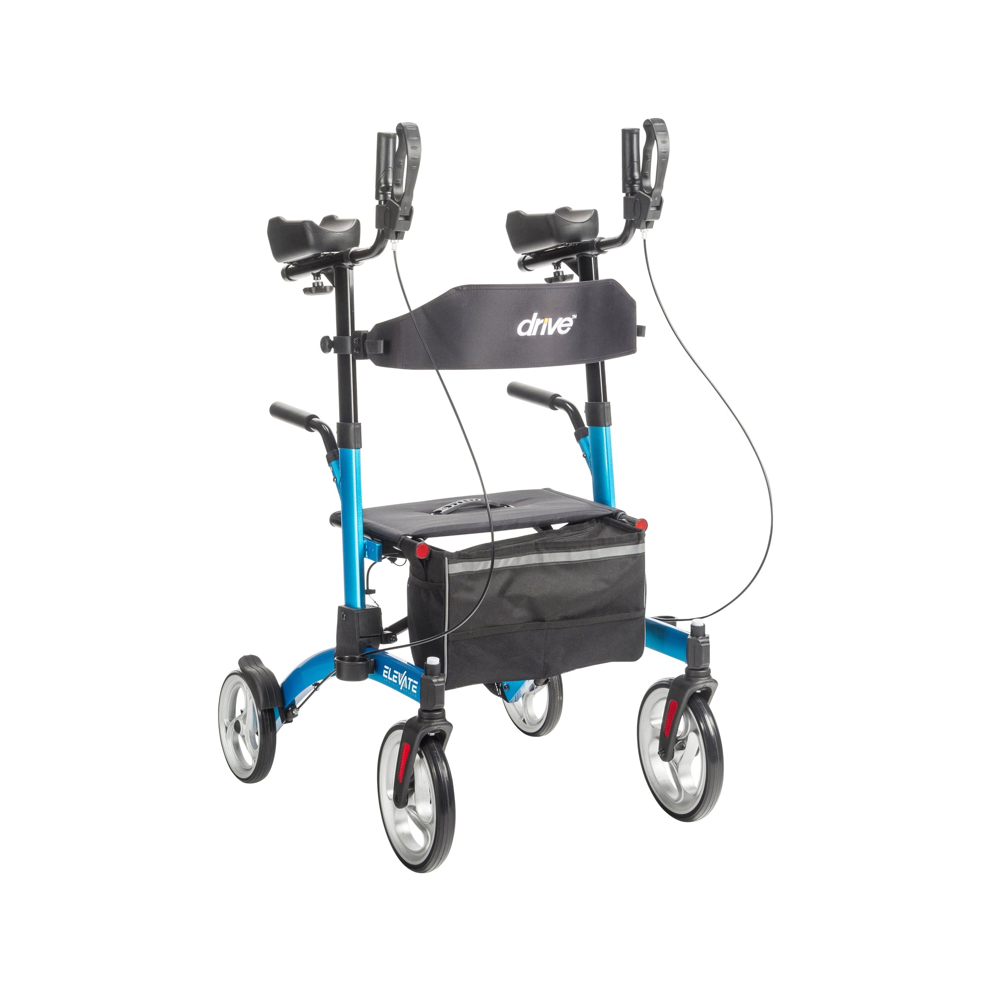 Blue upright walker with elevating platform, padded armrests, front wheels, and bag