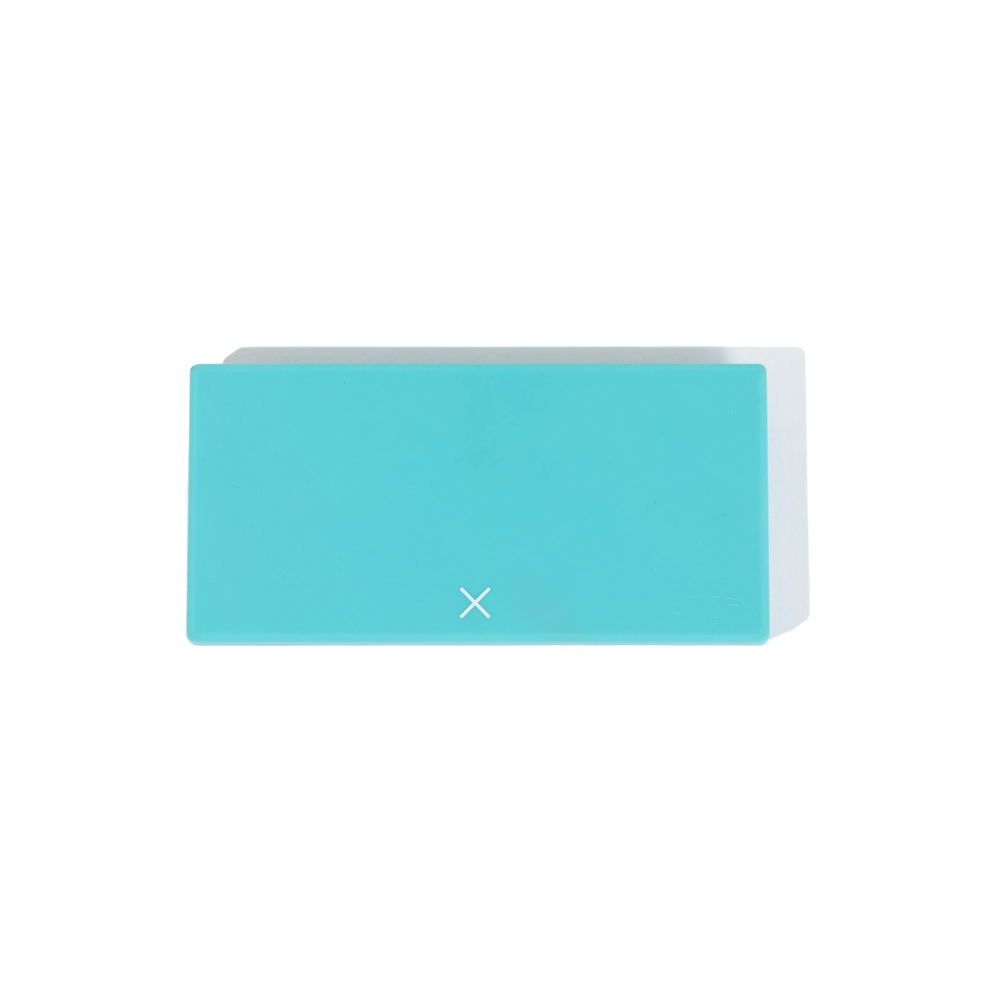 Teal pill box lid, closed, with centered X symbol
