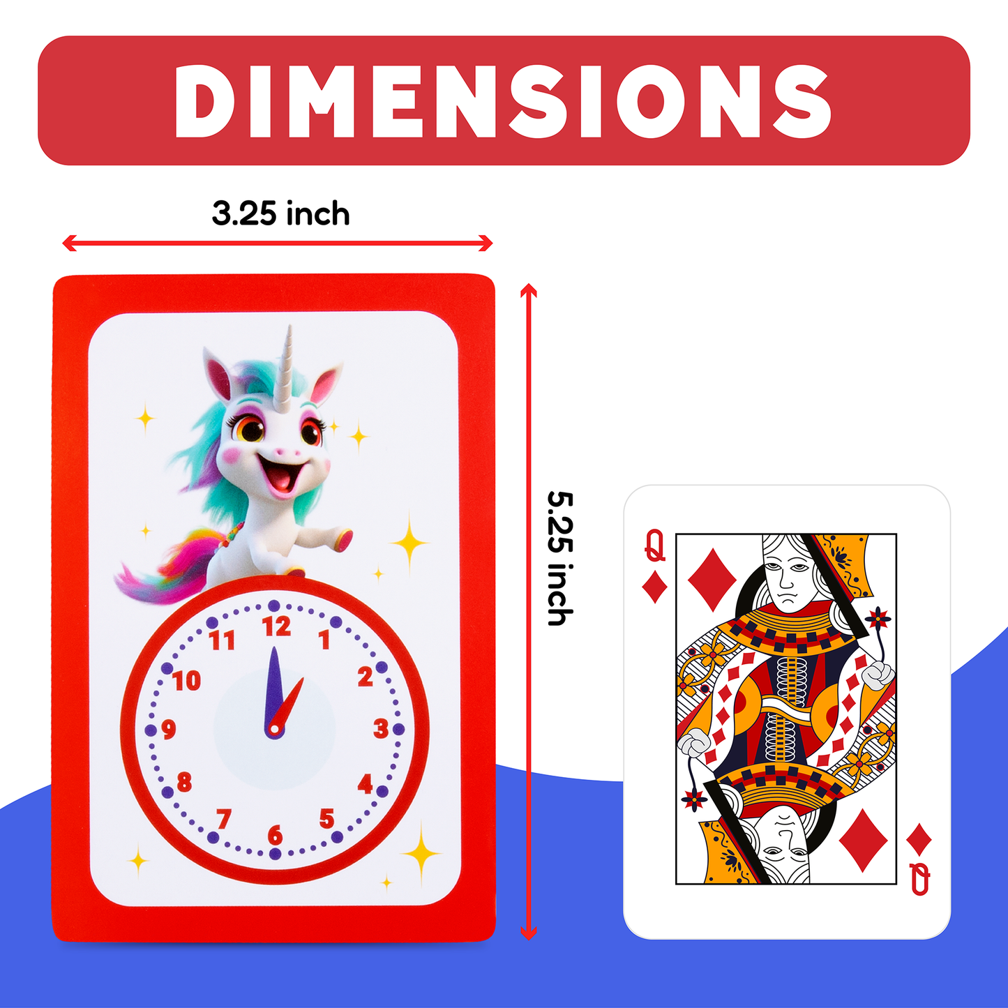 Telling Time card pack size chart showing card dimensions and a clock card