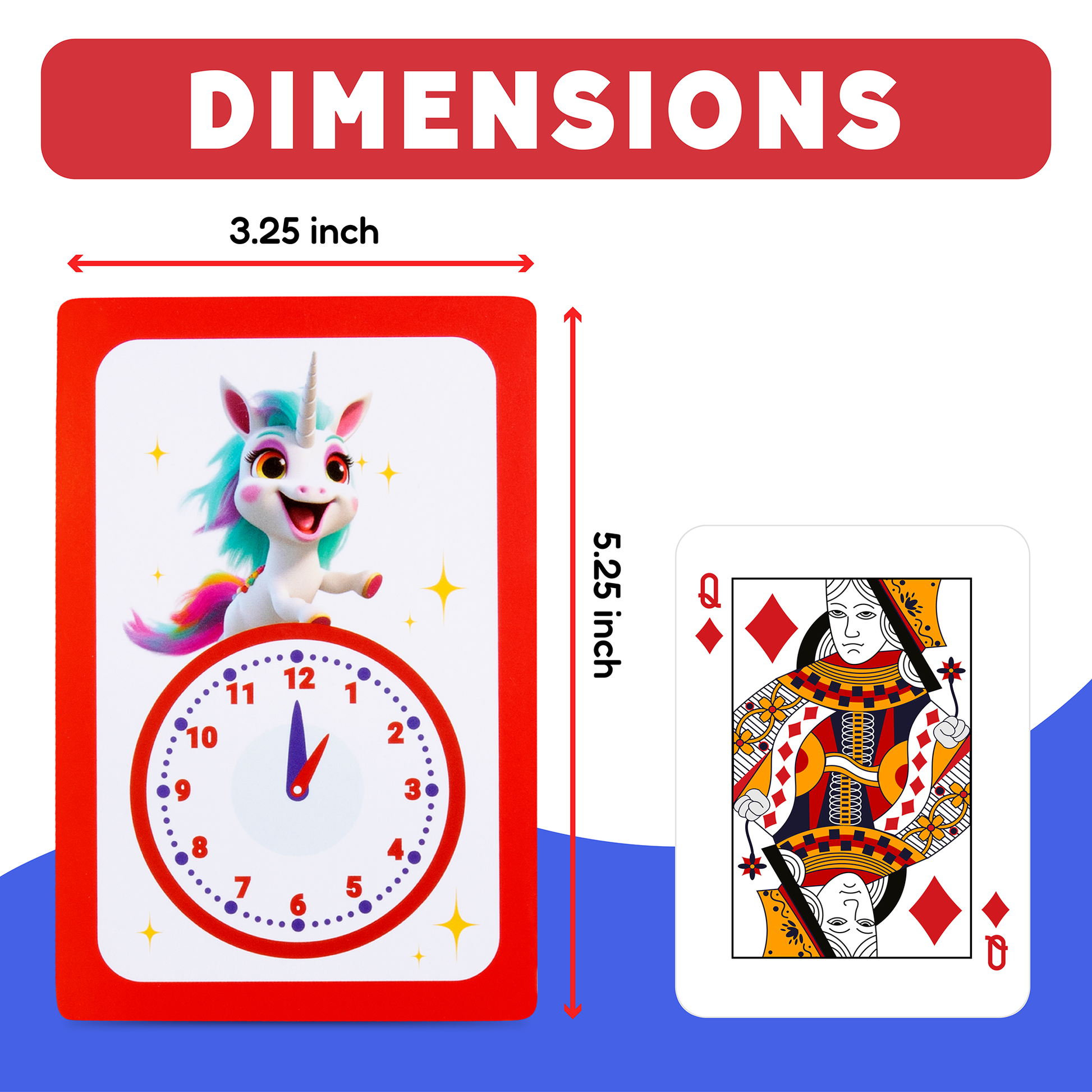 Telling Time card pack size chart showing card dimensions and a clock card