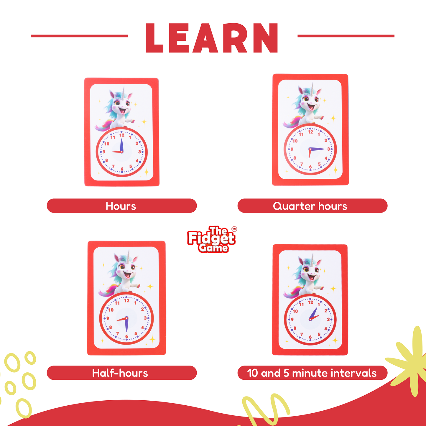 Telling Time card pack learning chart with clock types: hours, quarter, half, and intervals