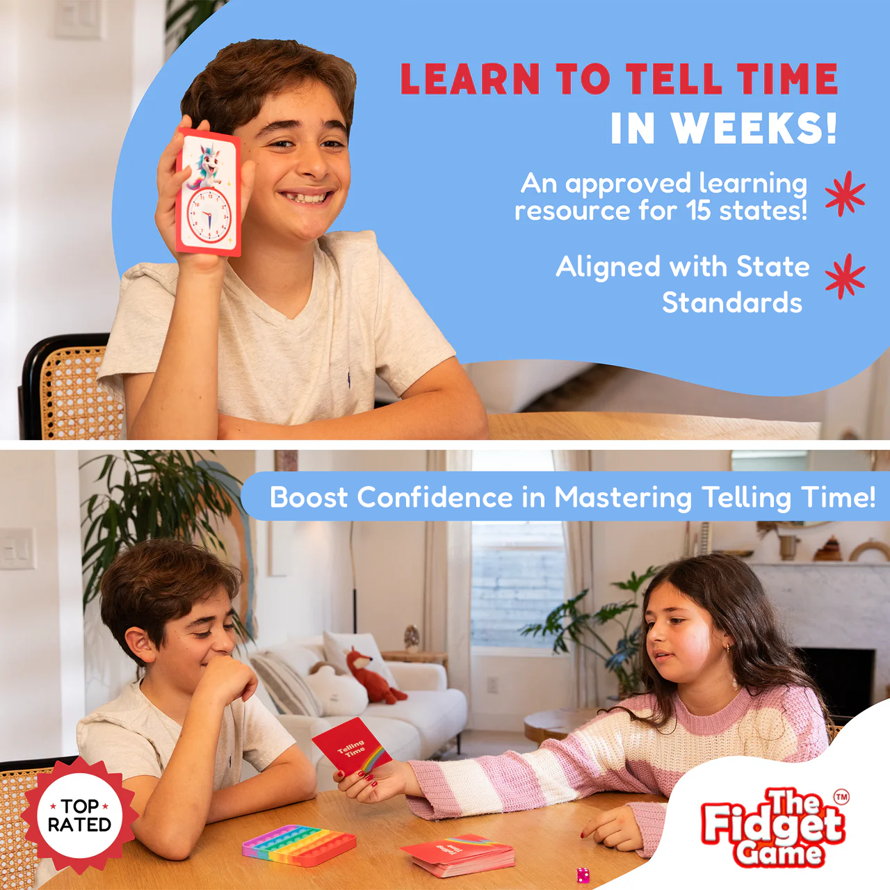 Telling Time card pack shown as a child holds a time clock card