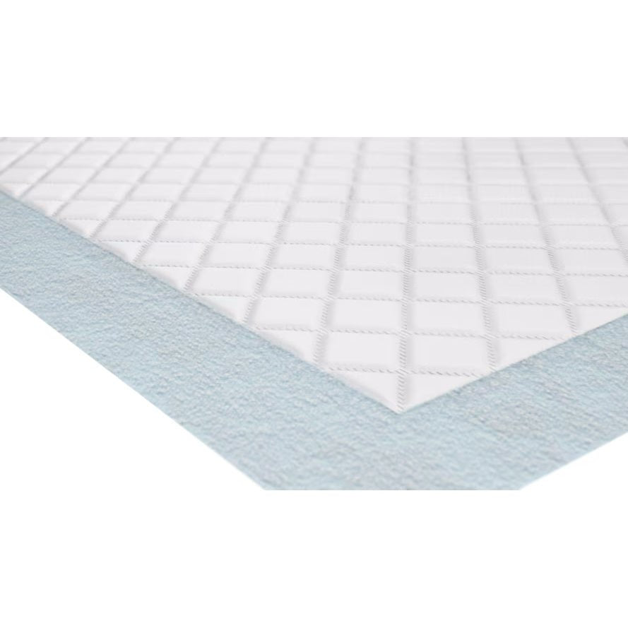 Air Flow underpad with quilted top layer and absorbent core, white with blue edges