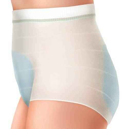 Close-up of white comfort pants waistband and upper leg openings