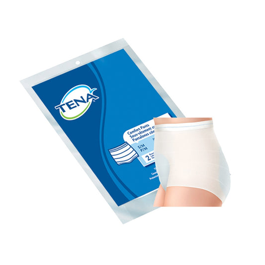 White disposable comfort pants with elastic waistband, pull-up style for adults