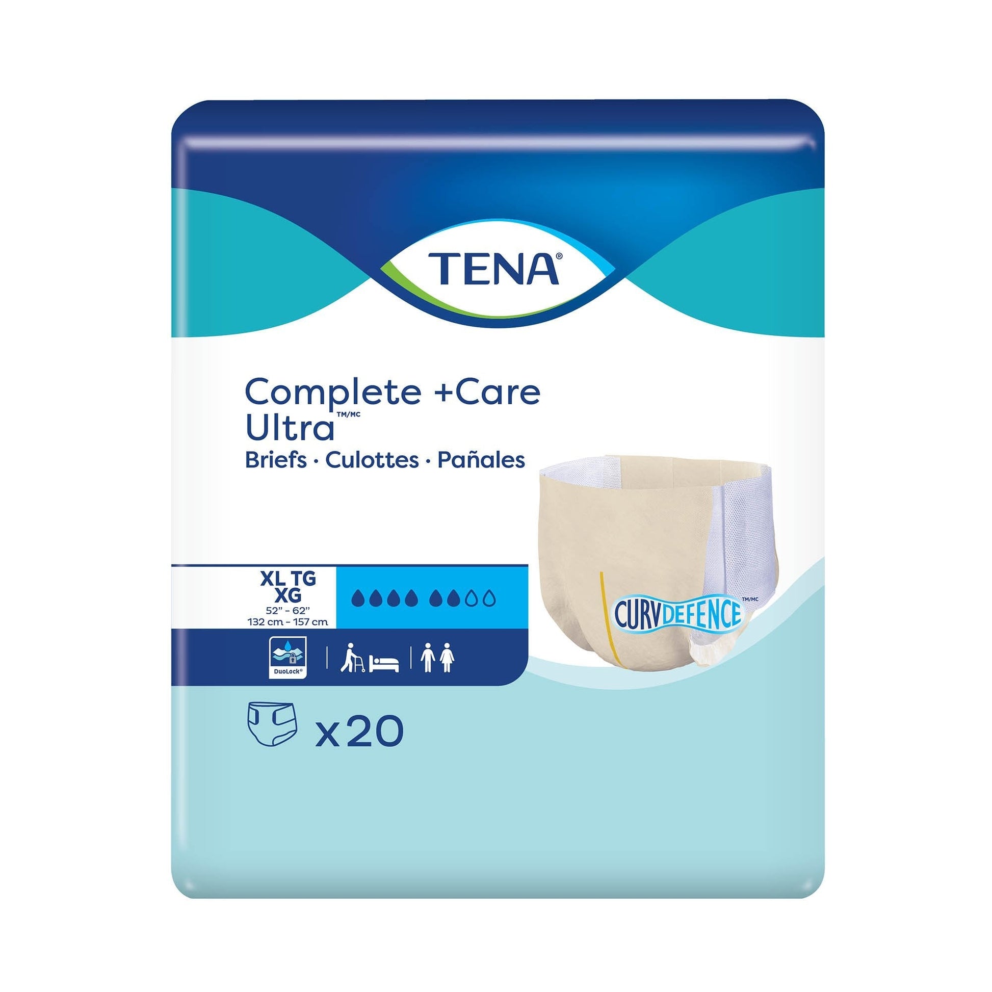 TENA Complete +Care Ultra briefs pack, size XL, 52–62 in (x20)