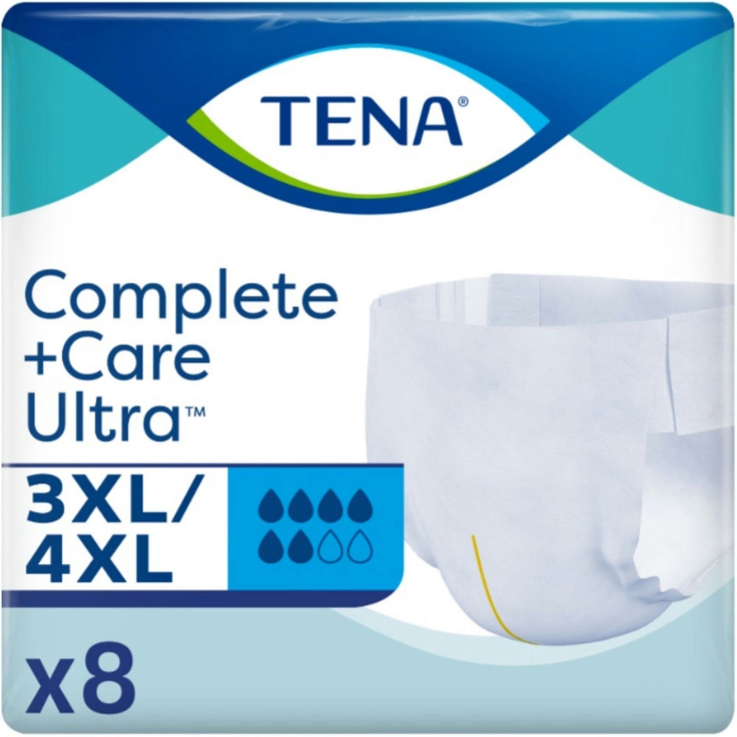 TENA Complete +Care Ultra briefs pack, size 3XL/4XL, 69–96 in (x8)