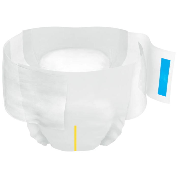 White adult disposable brief with blue side tabs and yellow center marker