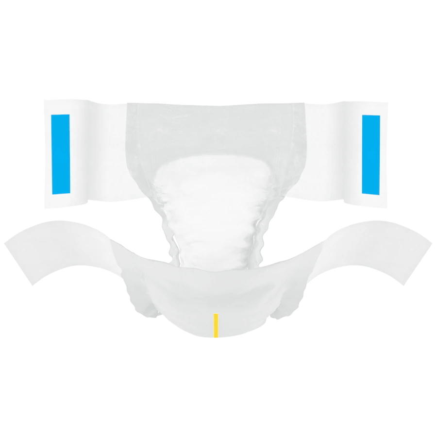 White adult disposable brief with blue side tabs and yellow absorbency indicator