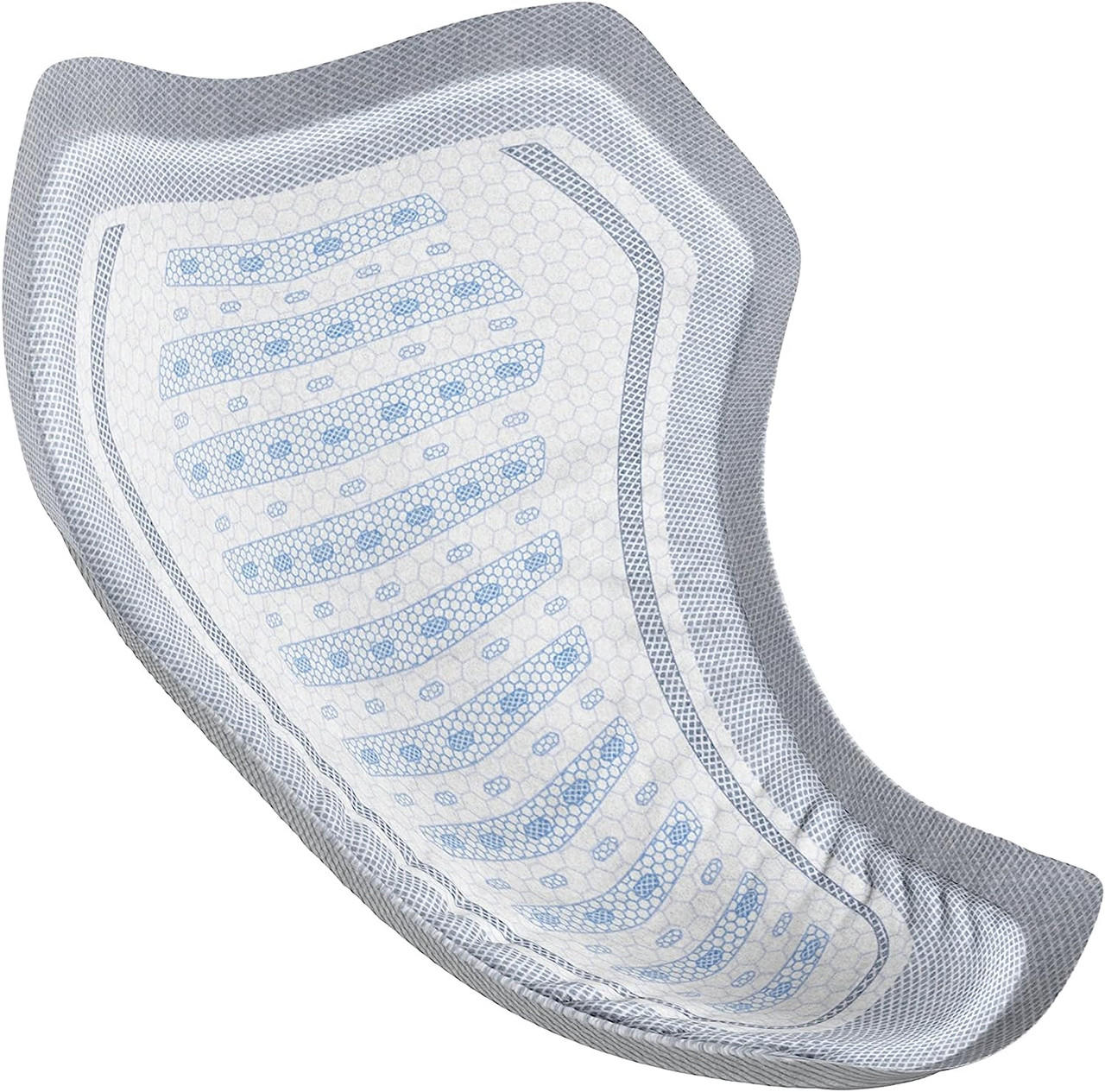 Curved men absorbent guard with white cover and blue absorbent channels, thin pad