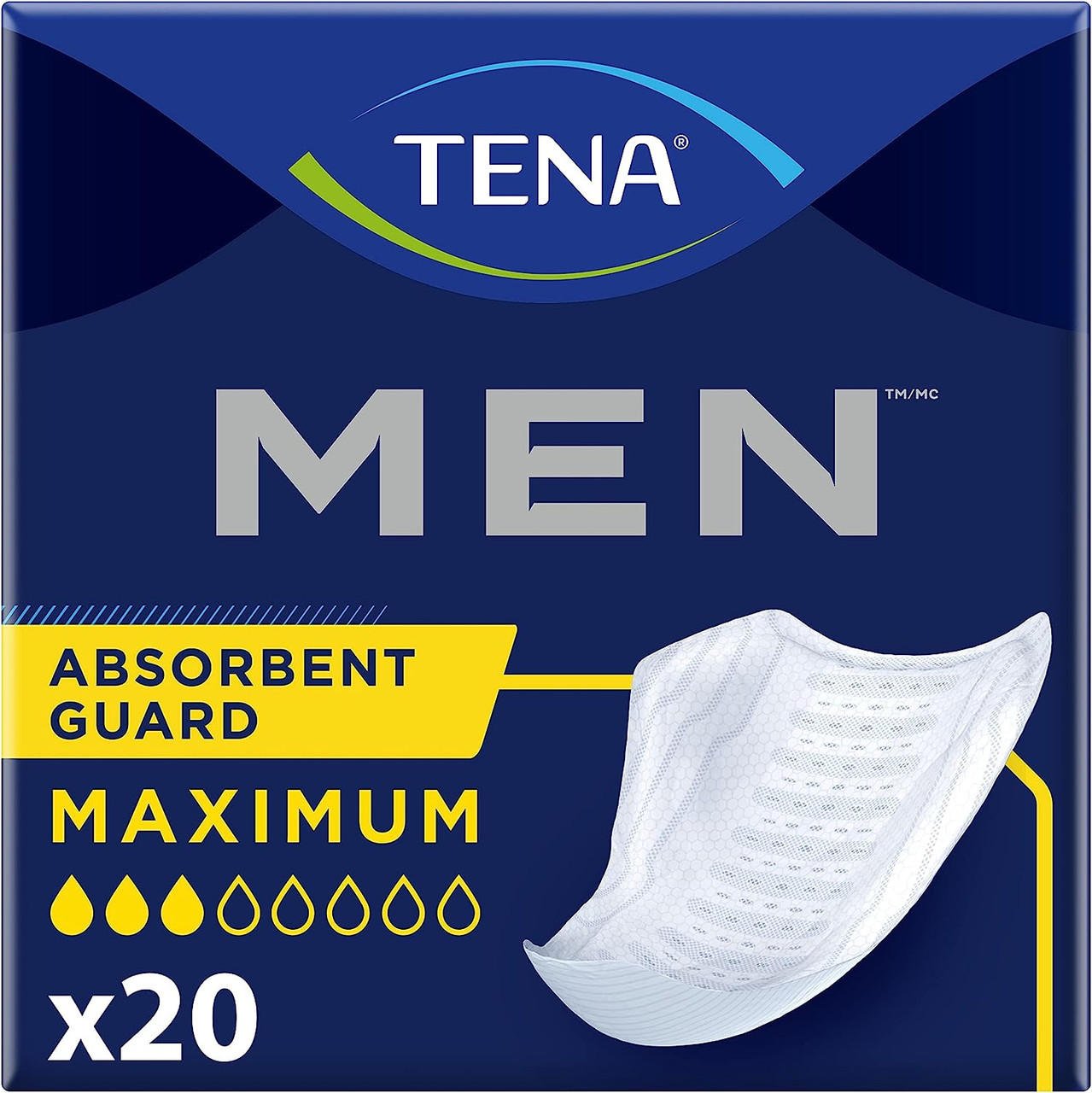 TENA Men Maximum absorbent guard, x20 pack; curved white incontinence pad