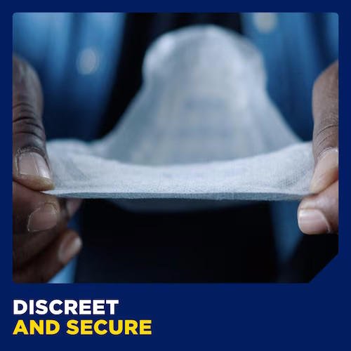 Men absorbent guard shown held open, discreet and secure curved pad
