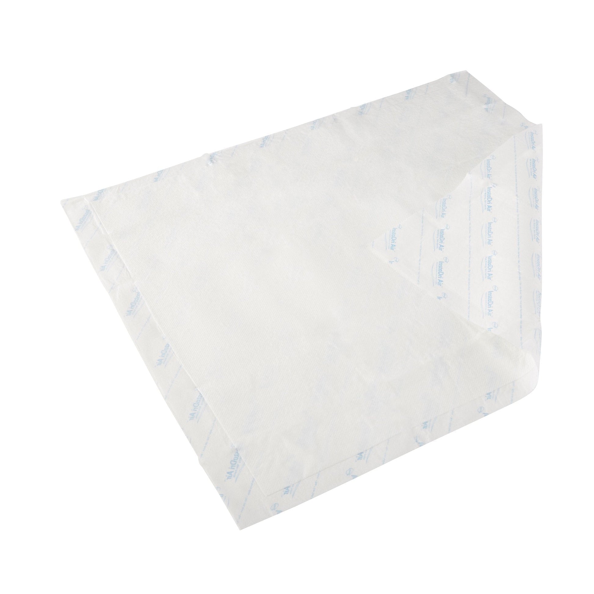 White TENA InstaDri Air underpad, moderate absorbency, with blue printed side labels