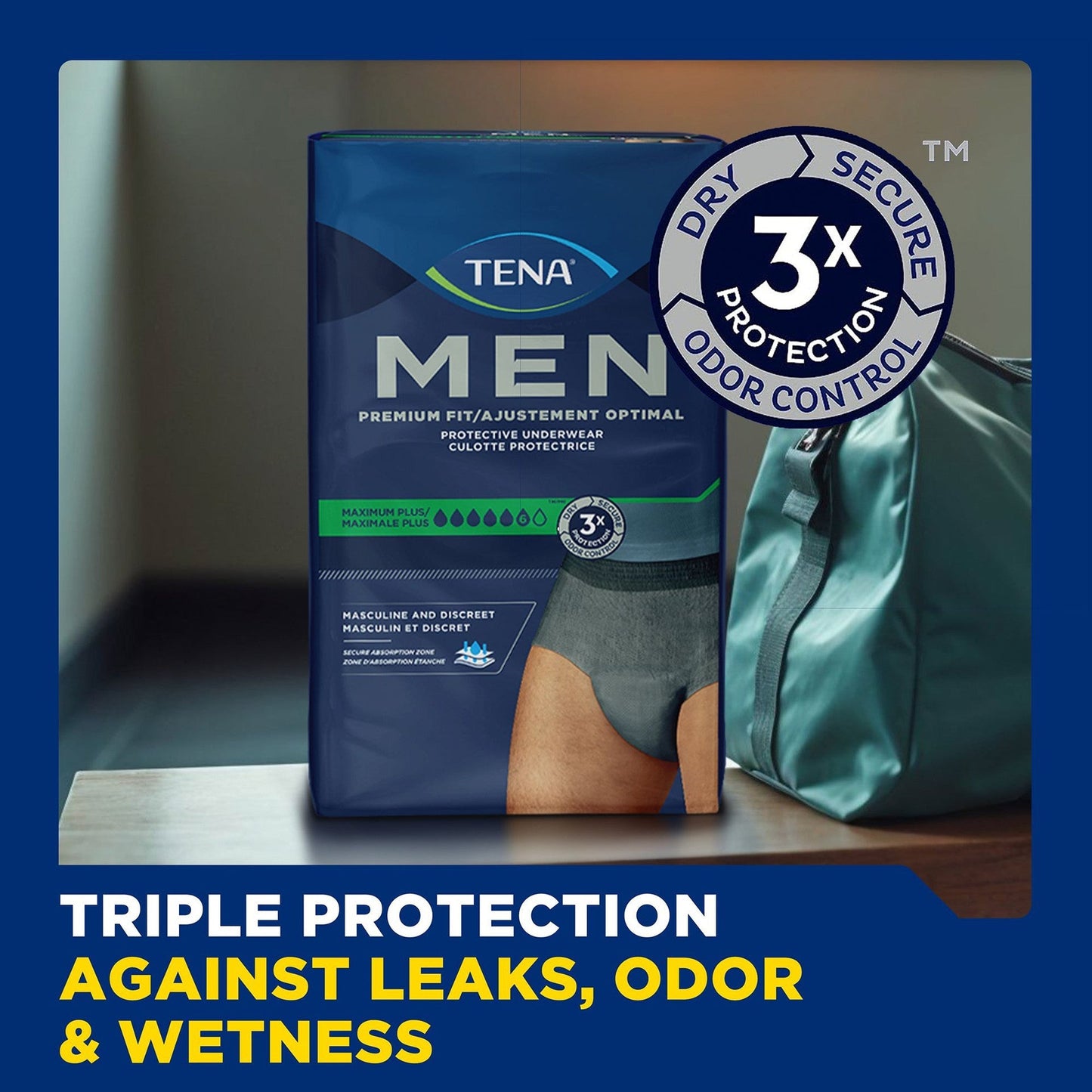 Men protective underwear package with 3x protection against leaks, odor, and wetness