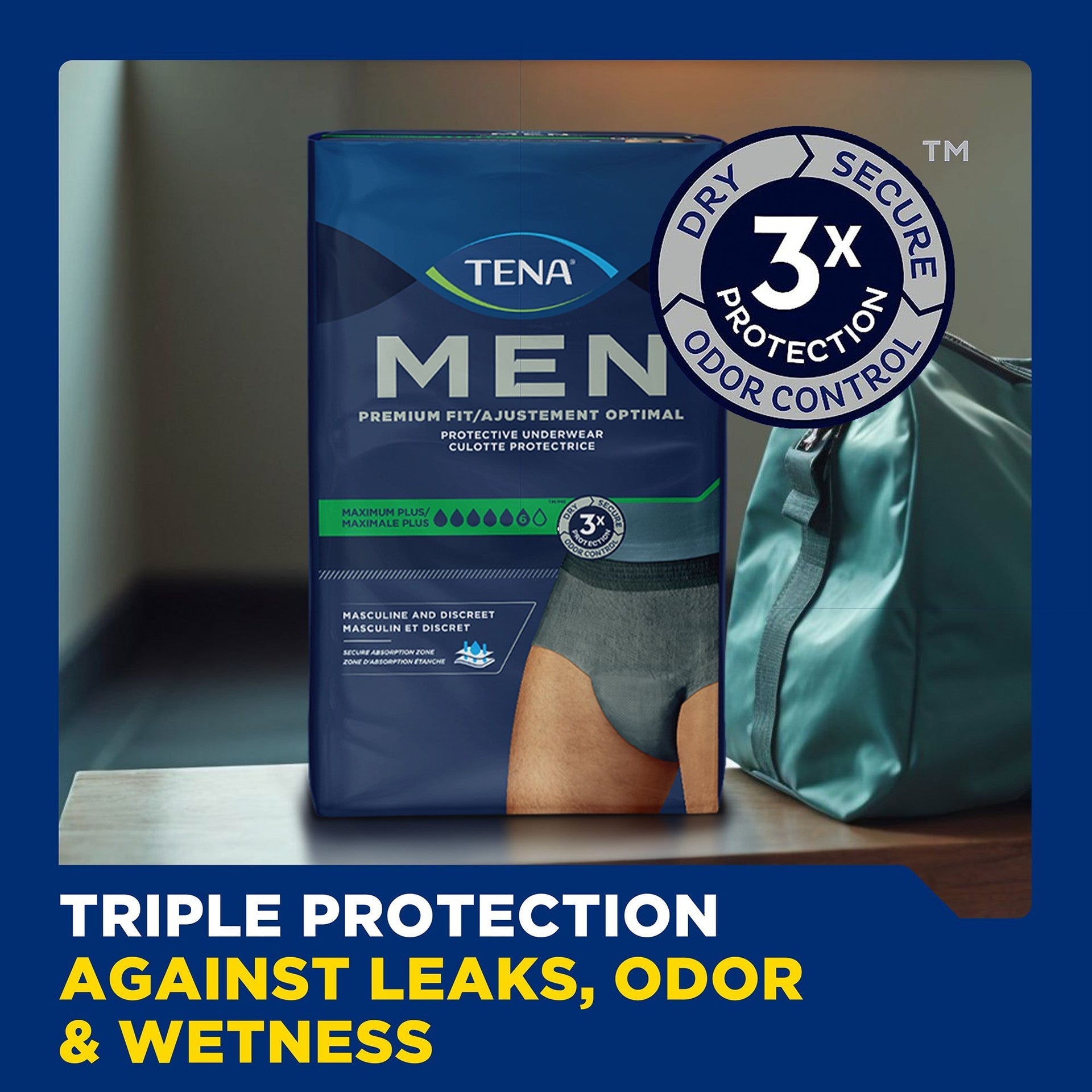 Men protective underwear package with 3x protection against leaks, odor, and wetness