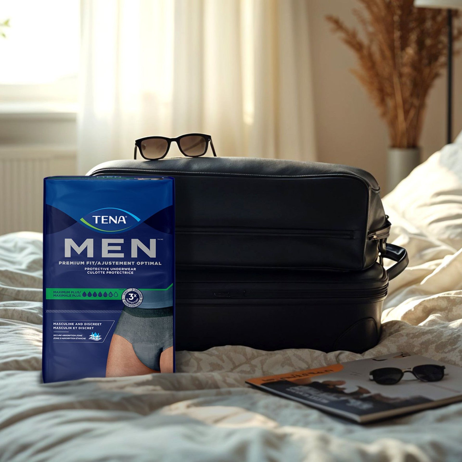 TENA Men protective underwear pack with brief-style fit, shown in retail packaging