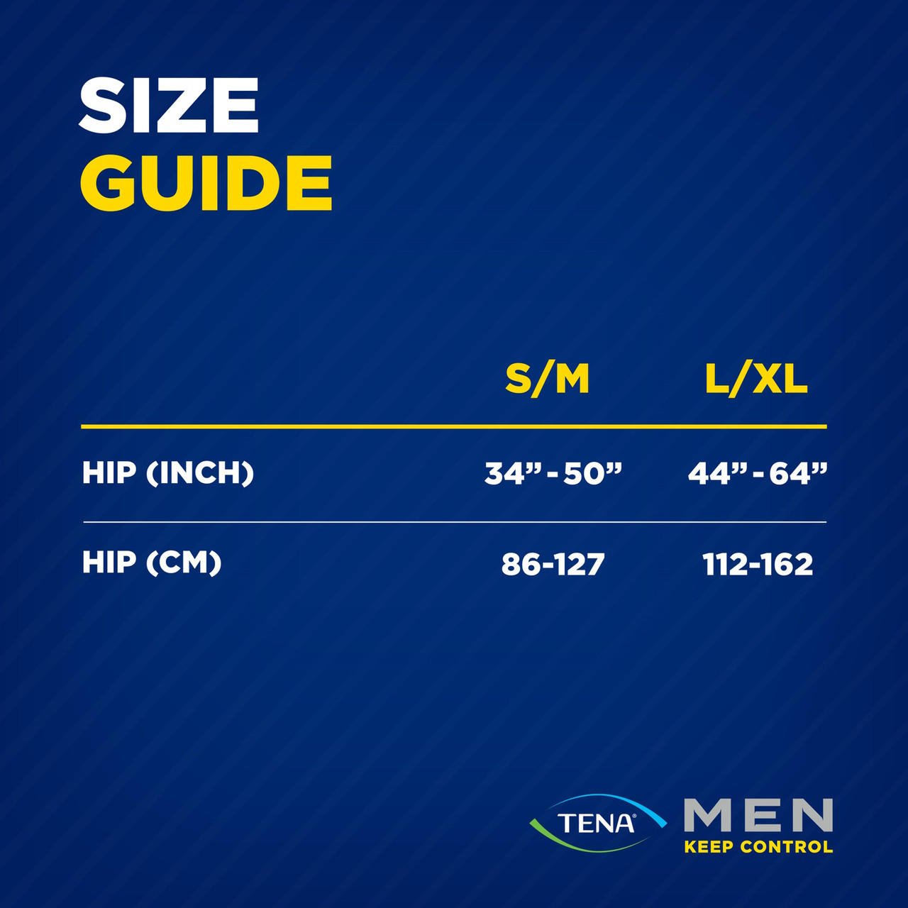 Men size guide: S/M hip 34–50 in and L/XL hip 44–64 in
