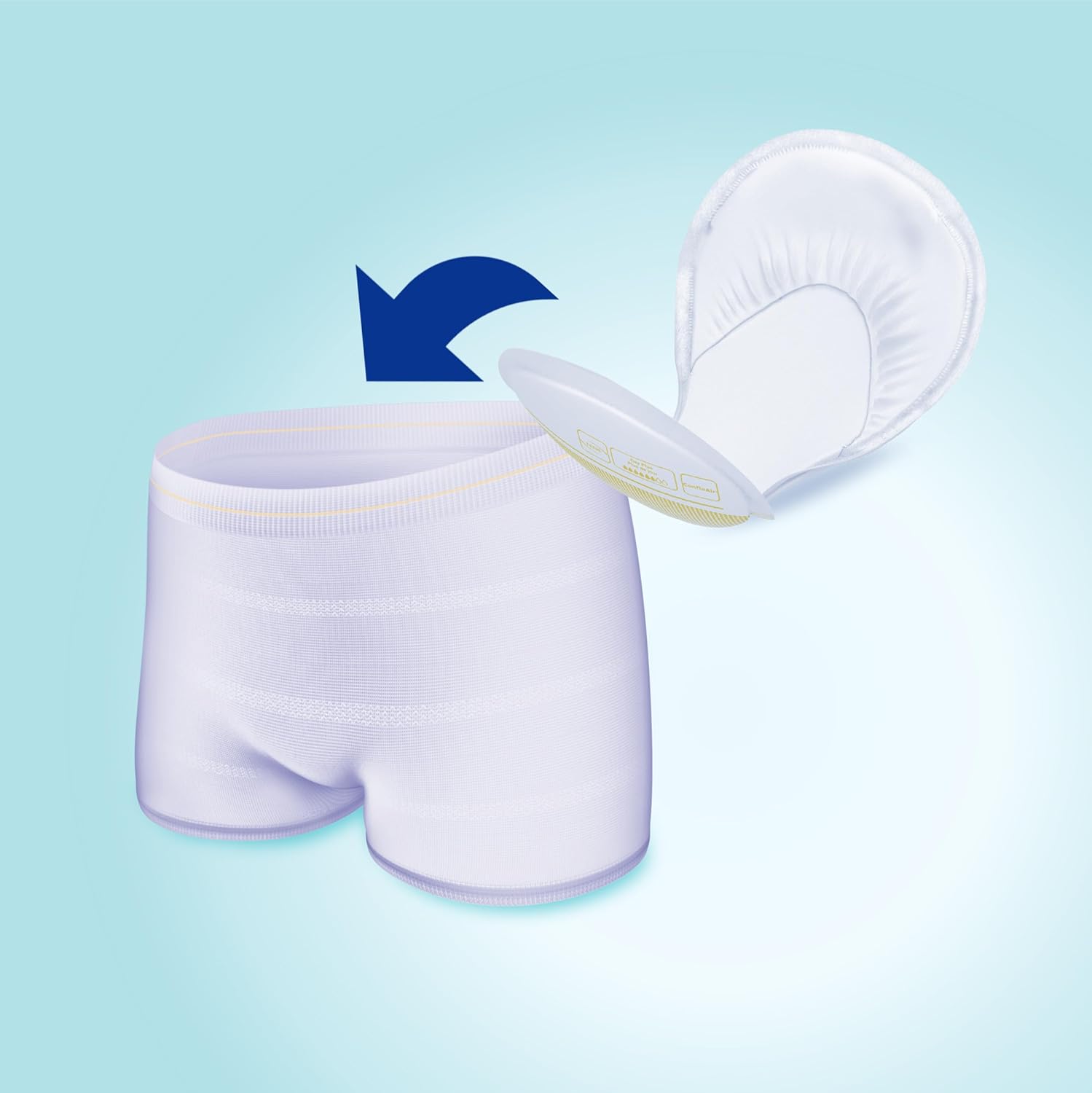 Night Super absorbent pad laid on undergarment for overnight coverage