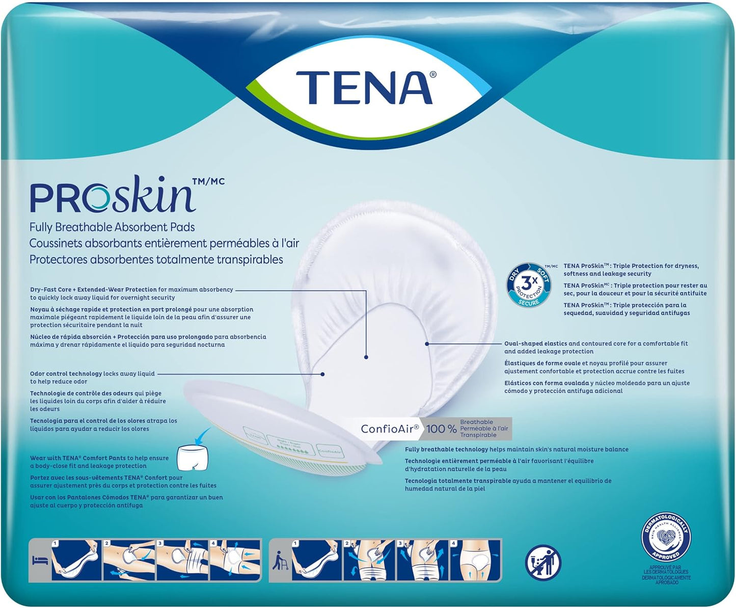 Back of TENA ProSkin Night/Super absorbent pad pack with feature diagrams