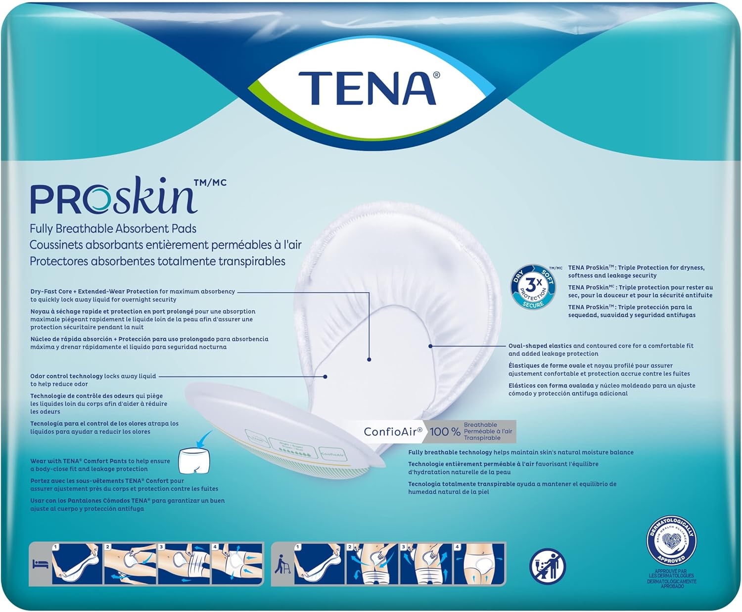 Back of TENA ProSkin Night/Super absorbent pad pack with feature diagrams