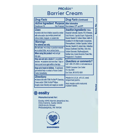 Proskin Barrier Cream drug facts label on back of 3.4 oz tube