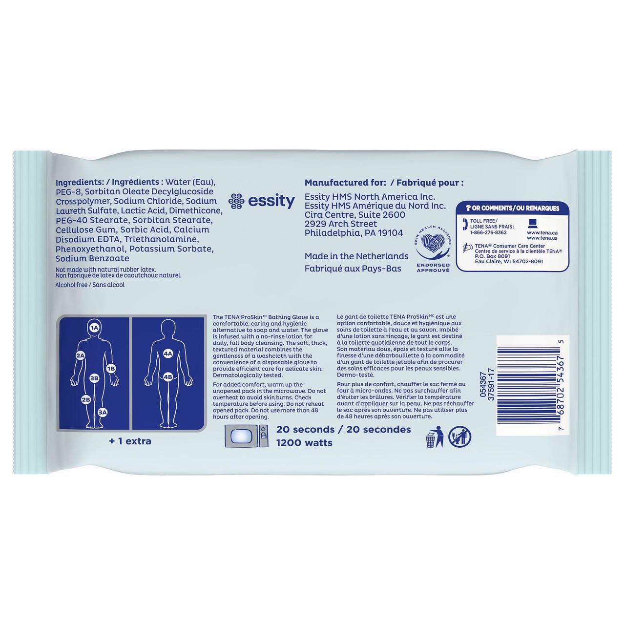 ProSkin bathing gloves back panel with use icons and ingredients info
