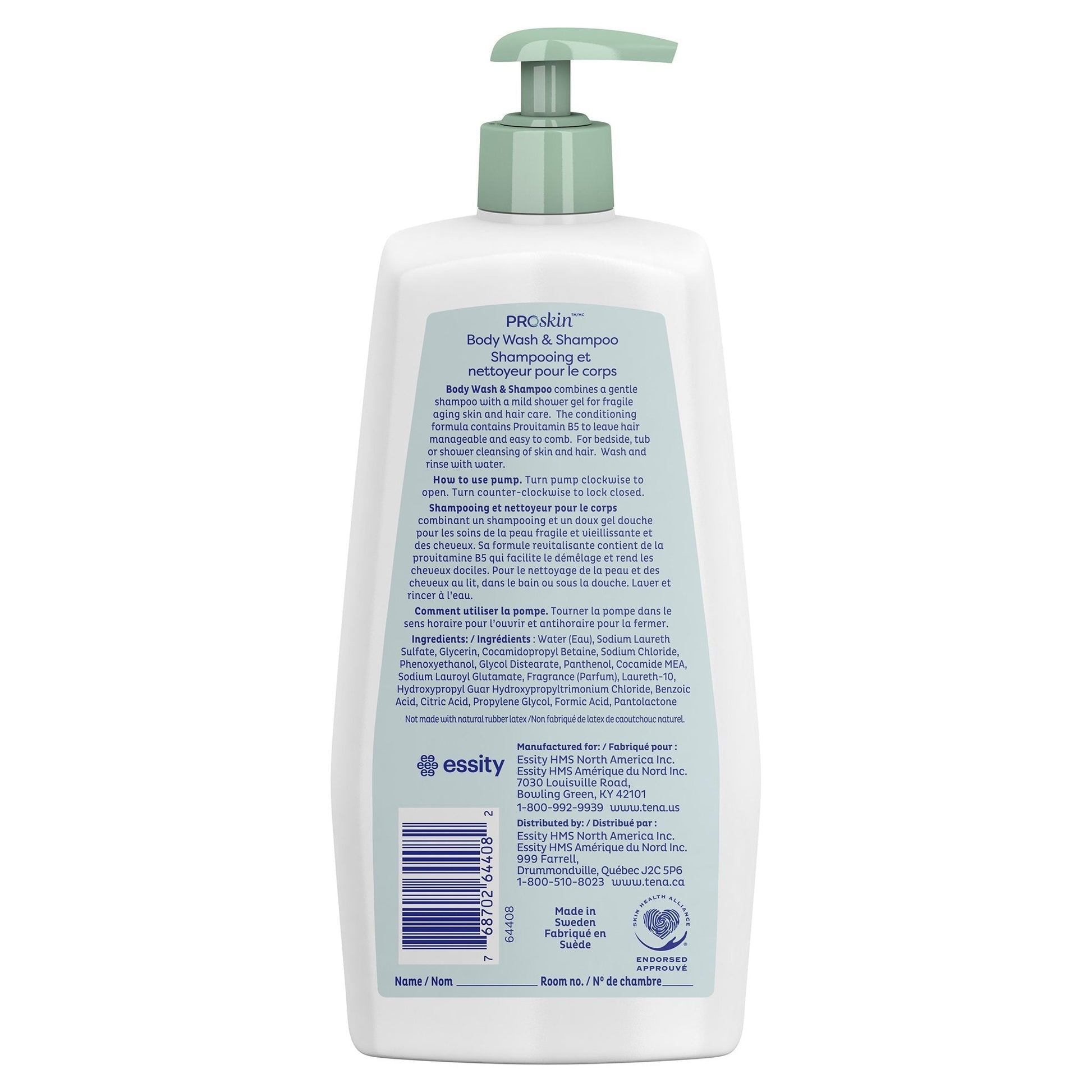 ProSkin body wash & shampoo bottle back label with ingredient and usage text