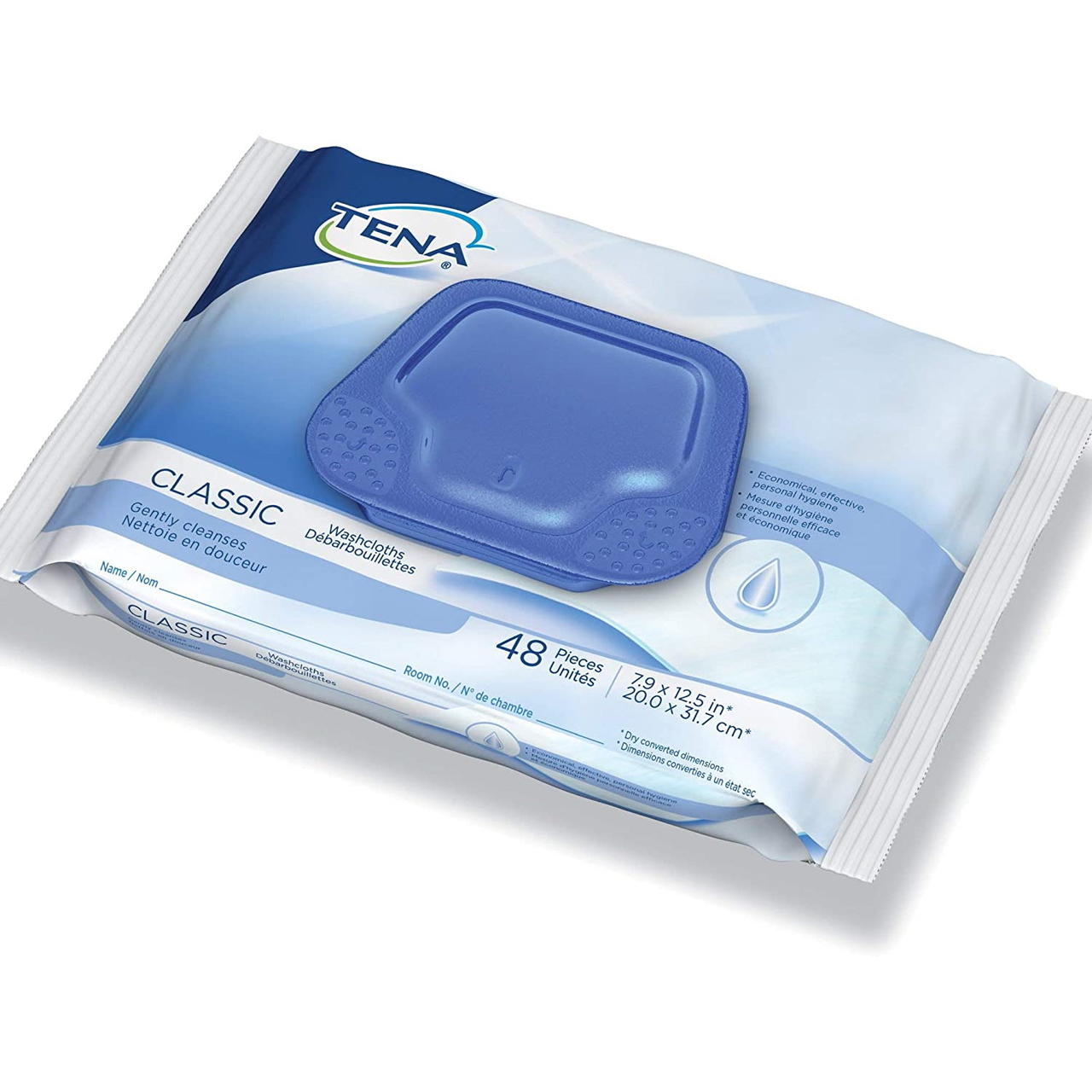 Packaged washcloths with blue resealable lid, classic style, 48 pieces, 7.9 x 12.5 in
