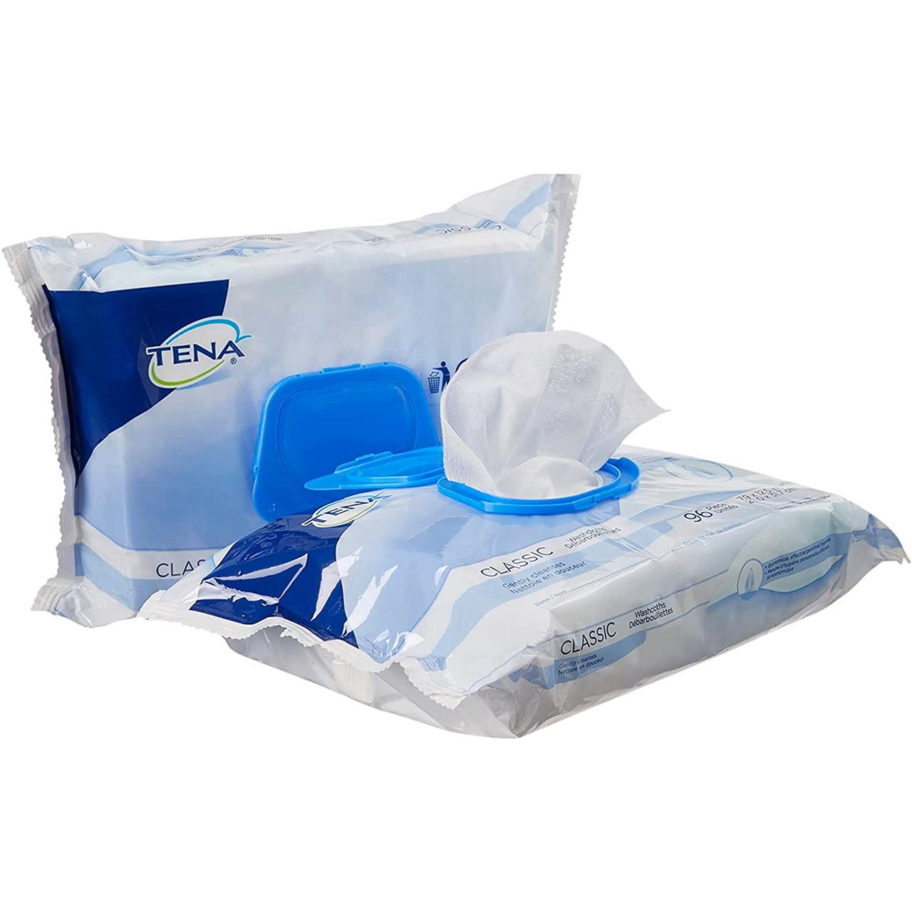 Boxed stack of white cleansing cloths with blue lid, classic style, packaged