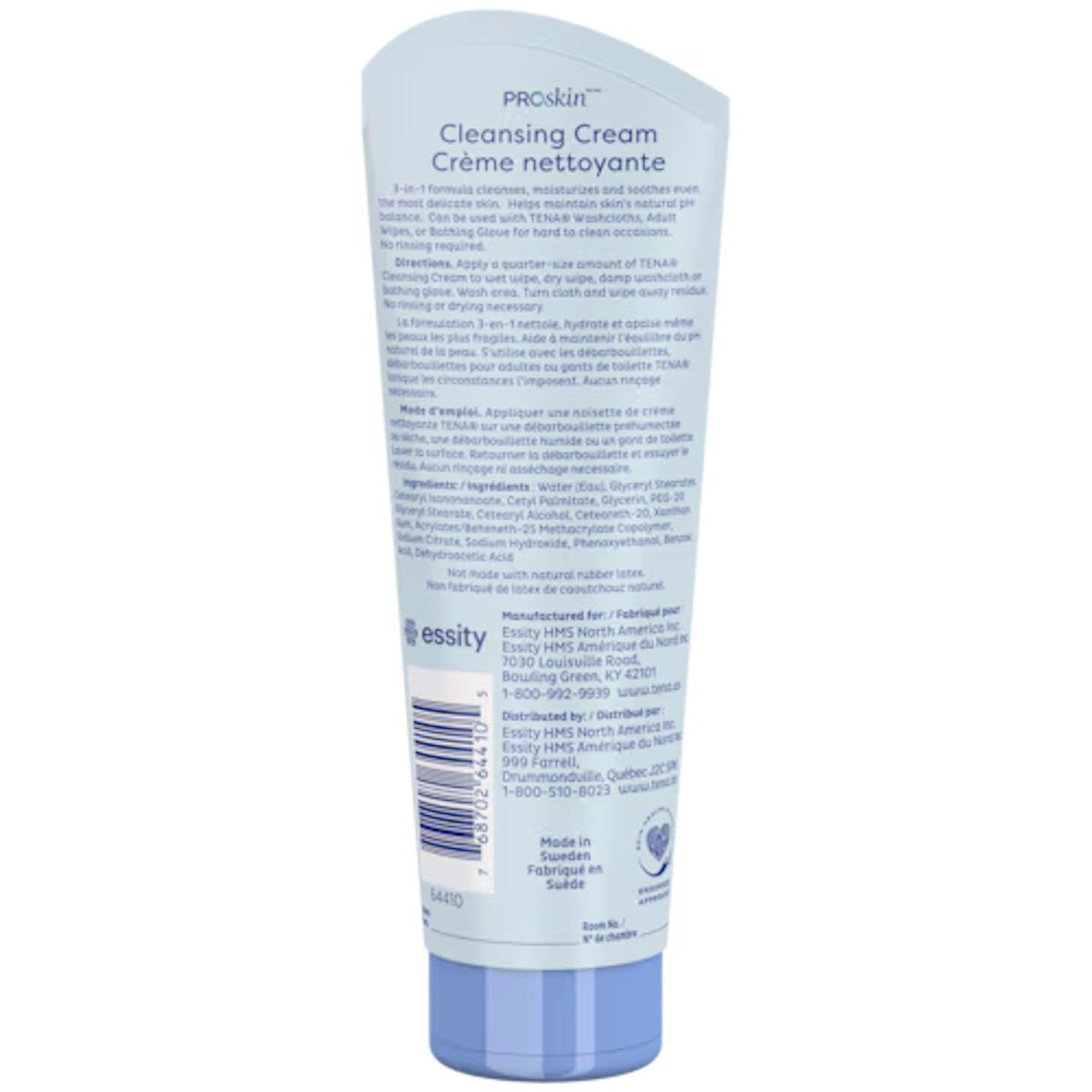 TENA ProSkin cleansing cream tube back label, fragrance free, 8.5 fl oz (250 ml)
