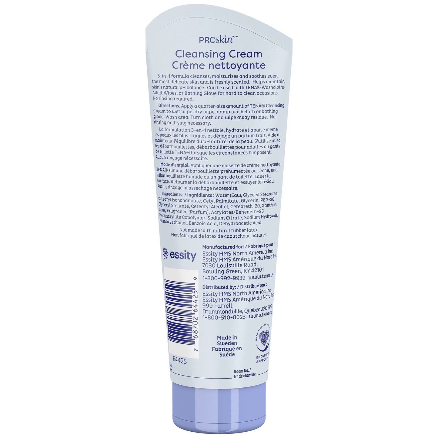 TENA ProSkin cleansing cream tube back label, 8.5 fl oz (250 ml)