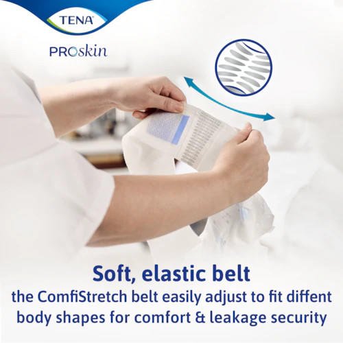 Hands adjusting a white maxi belted brief; soft elastic belt for comfort