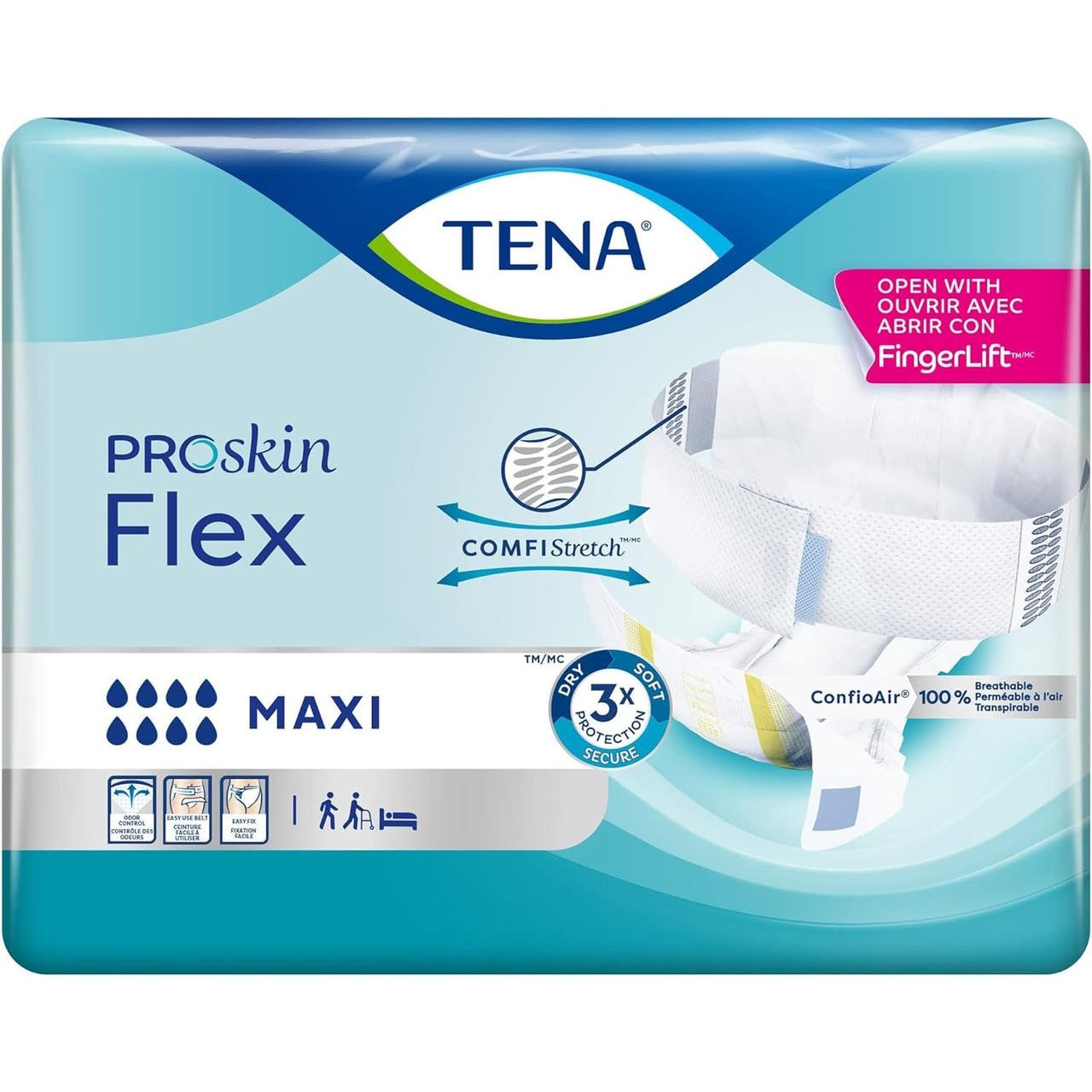 TENA ProSkin Flex maxi belted brief package, white pads and blue accents, maxi absorbency