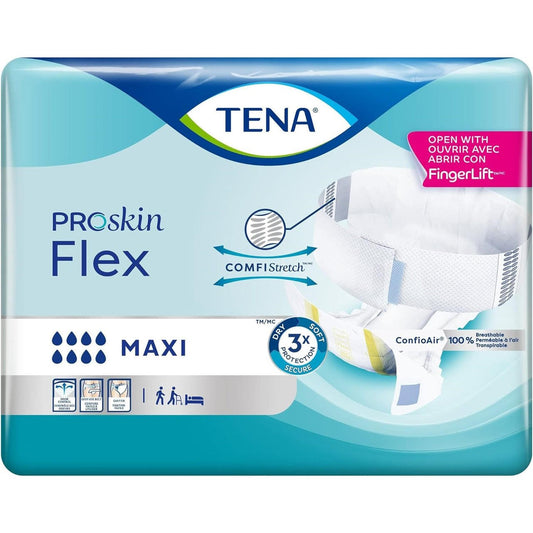 TENA ProSkin Flex maxi belted brief package, white pads and blue accents, maxi absorbency