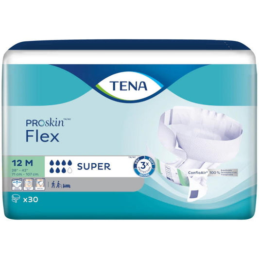 TENA ProSkin Flex super belted briefs, 12M size, 28–42 in, pack of 30