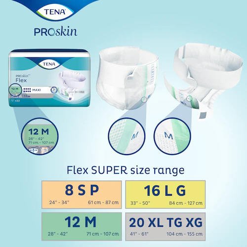 Flex SUPER belted brief size range: 8SF, 12M, 16LG, 20XLT TG XG