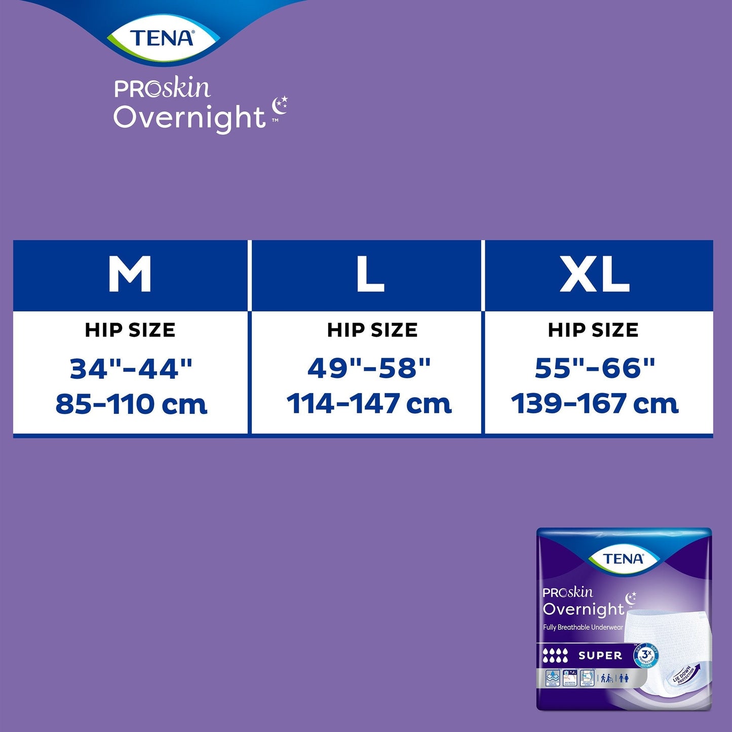 Size chart for ProSkin Overnight: M 34–44, L 45–58, XL 55–66 hip size