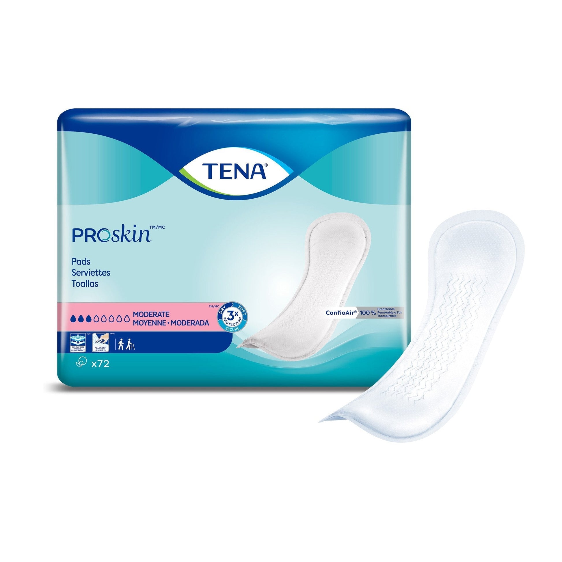 TENA Proskin Moderate incontinence pads, 72 count, with single pad shown