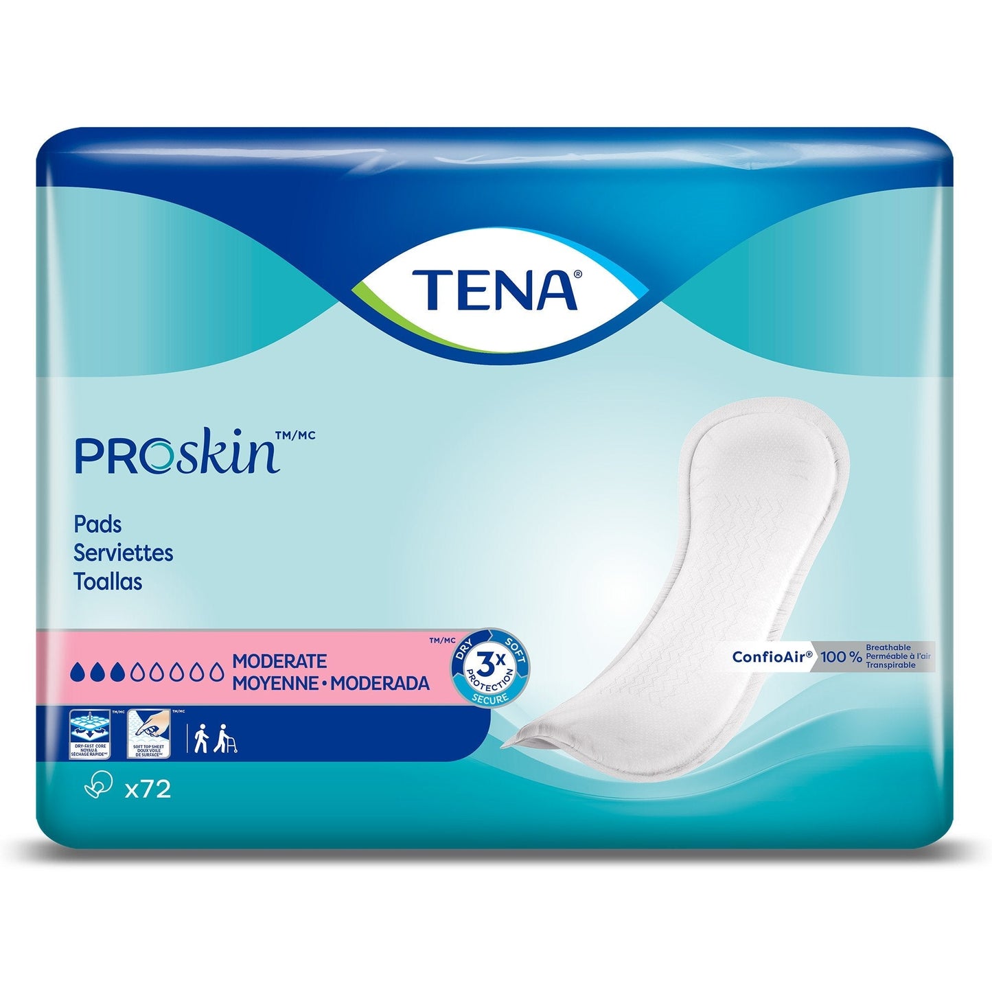 TENA Proskin Moderate incontinence pads, 72 count, pack with pad and features