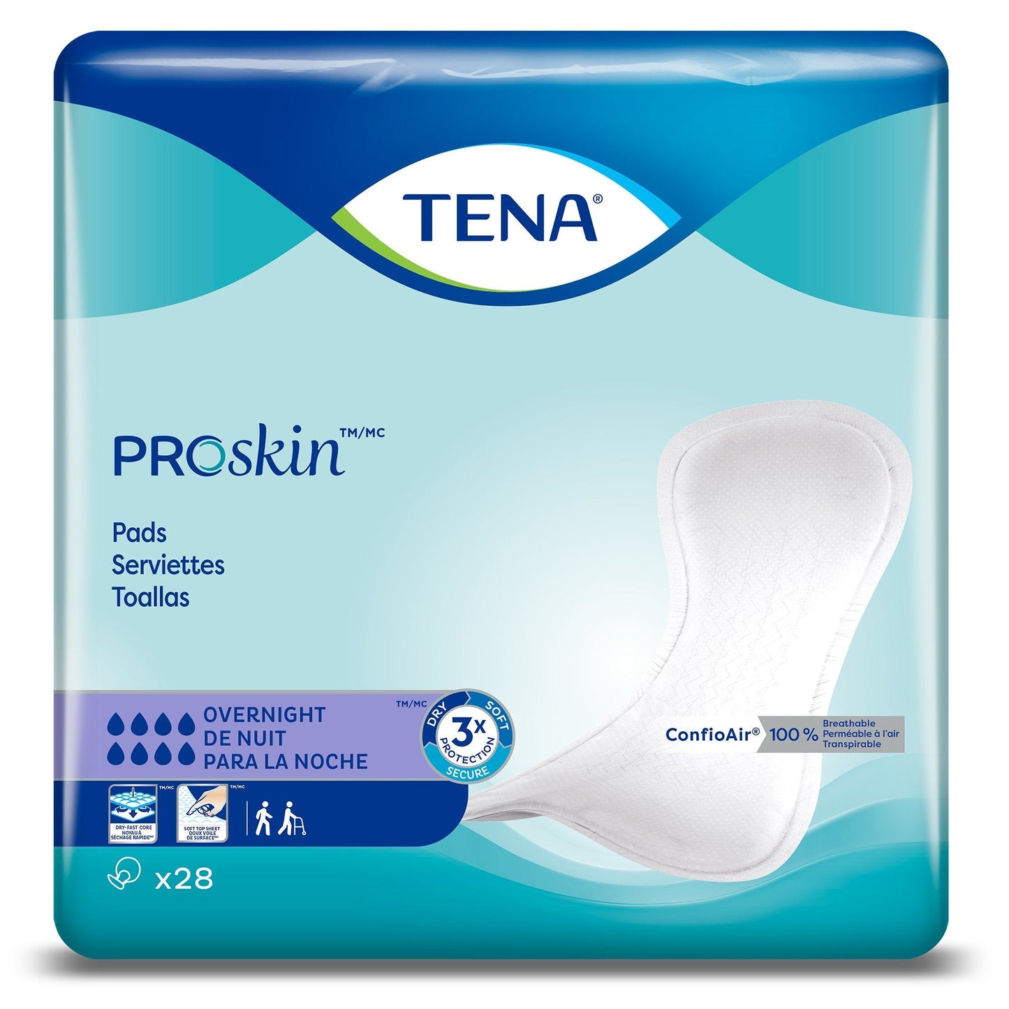 TENA Proskin overnight pads, pack of 28; white contoured disposable pad