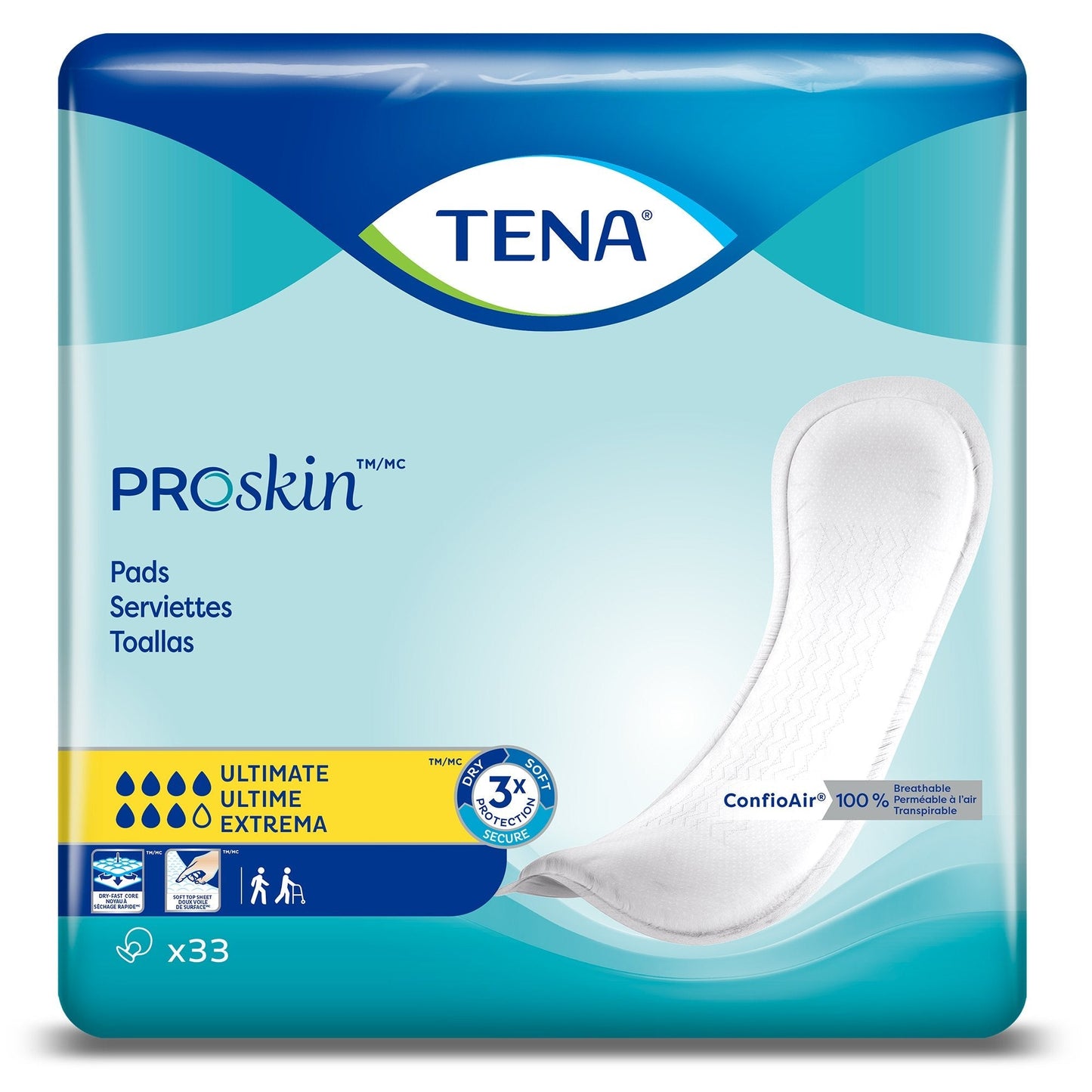 Ultimate incontinence pads x33, front package with slim white pad