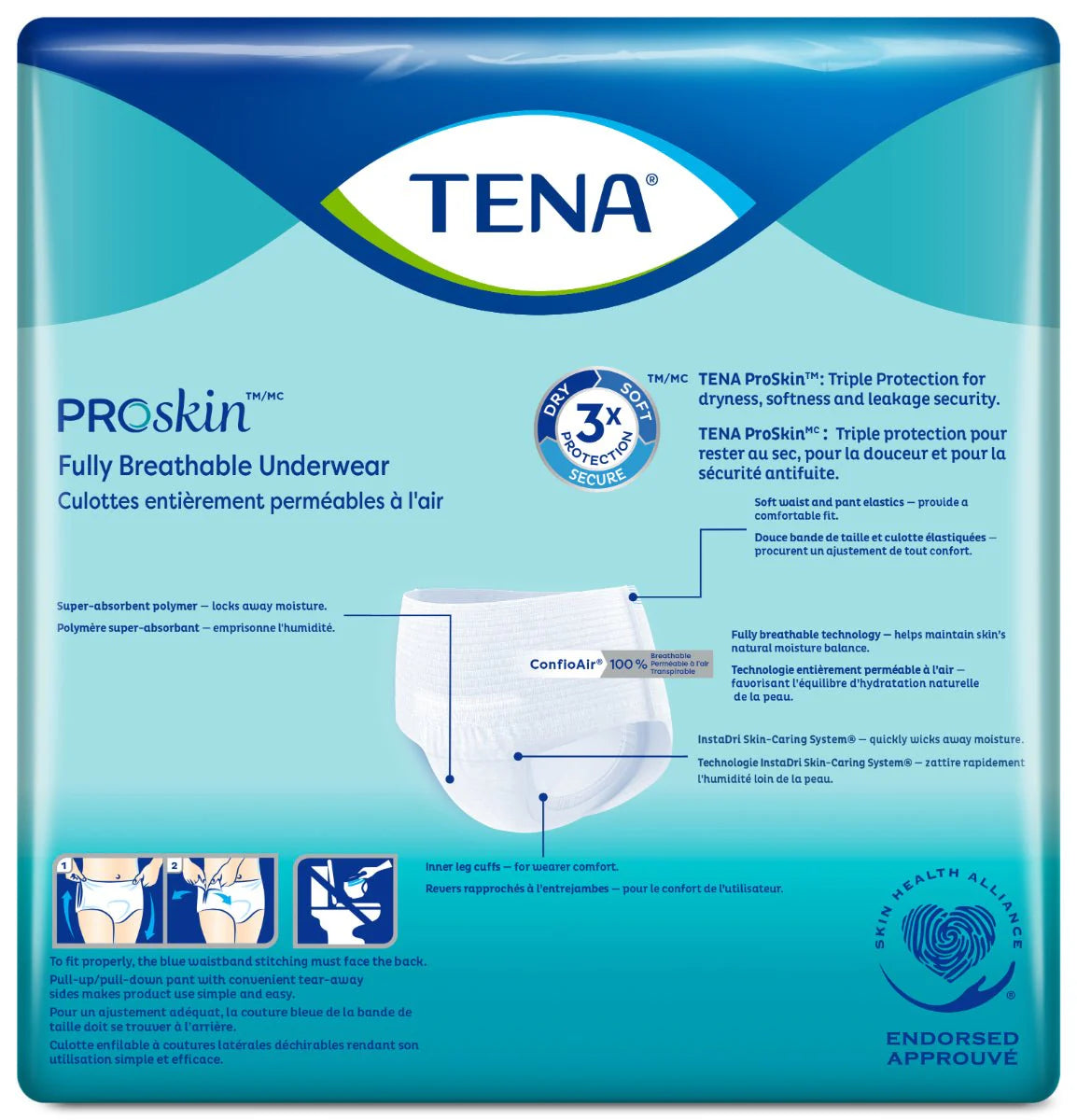 TENA ProSkin Plus fully breathable protective underwear pack with detailed product diagram