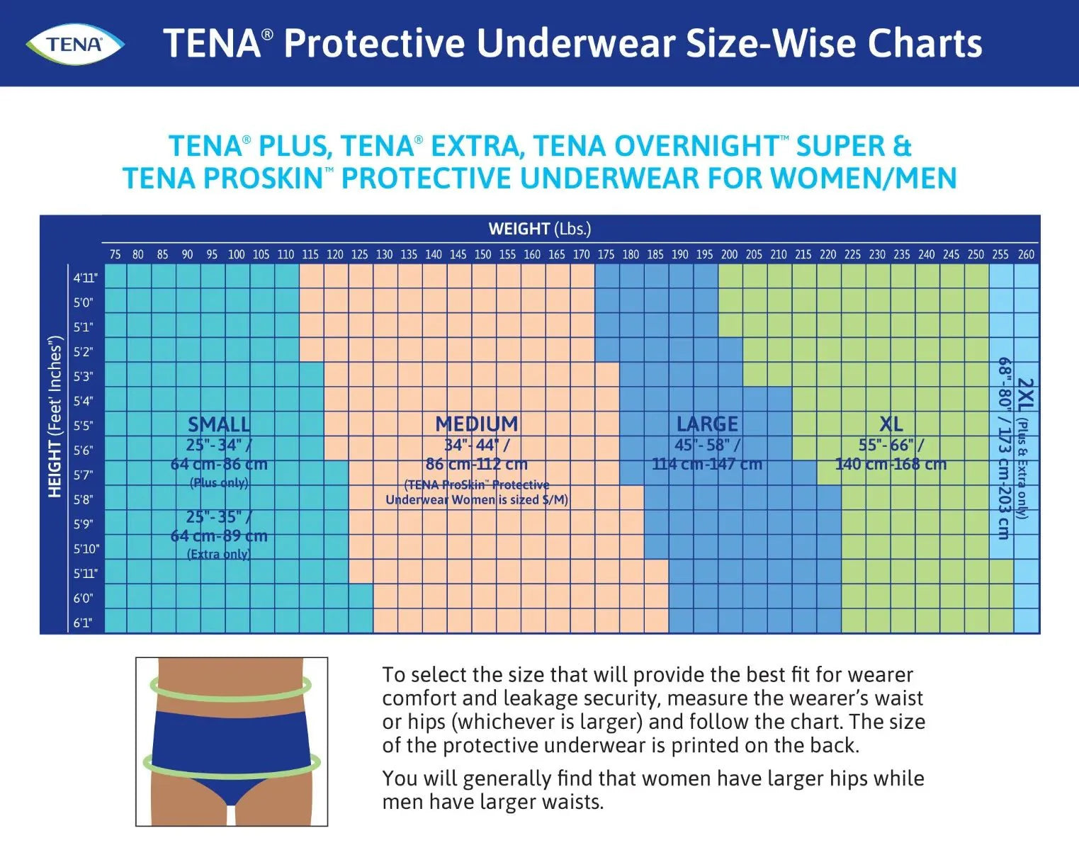 TENA protective underwear size chart with height and weight ranges