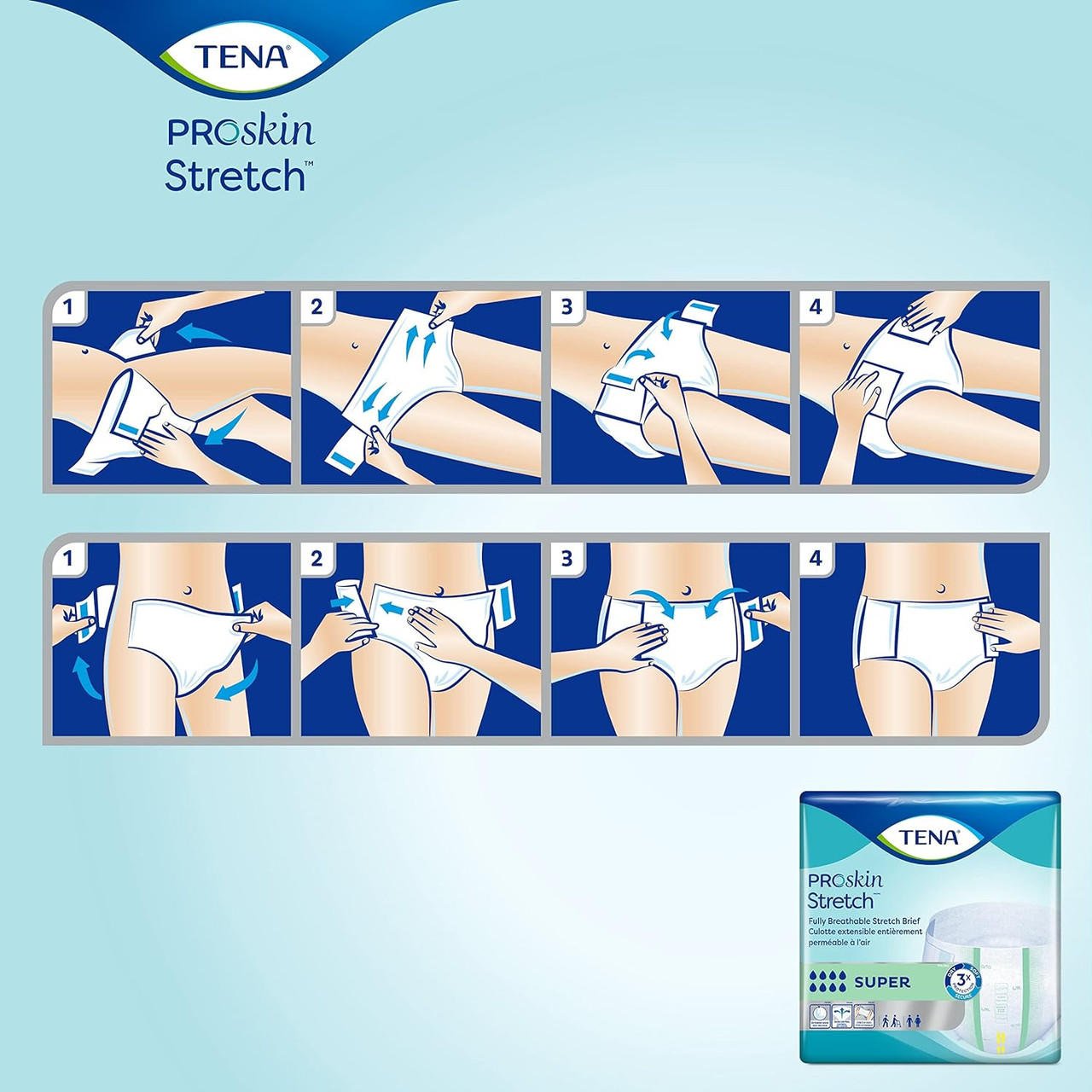 Stretch super brief application guide with step-by-step wearing diagrams